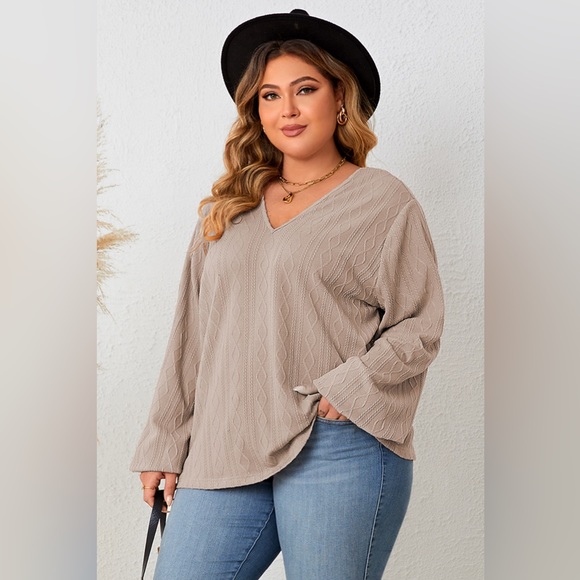 Plus Size Lace Detail V-Neck Long Sleeve Blouse - Picture 3 of 5